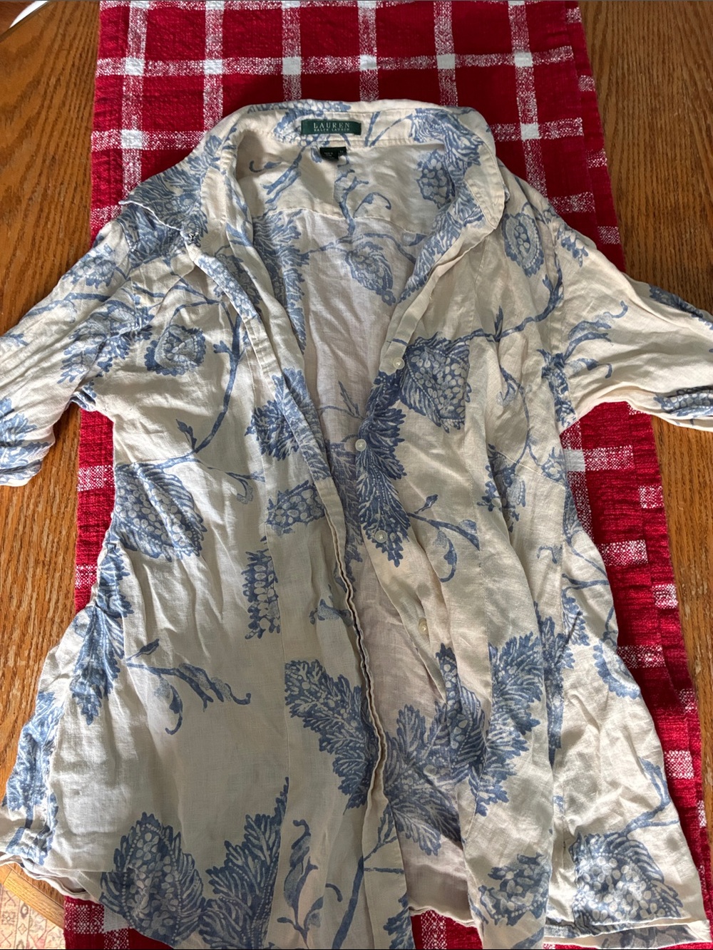 Ralph Lauren Cream Button-Down Sleep Shirt with Blue Floral Print
